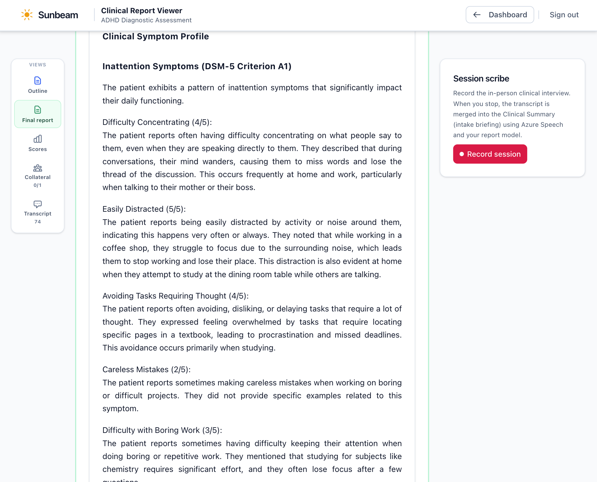 Sunbeam clinician briefing and clinical documentation preview